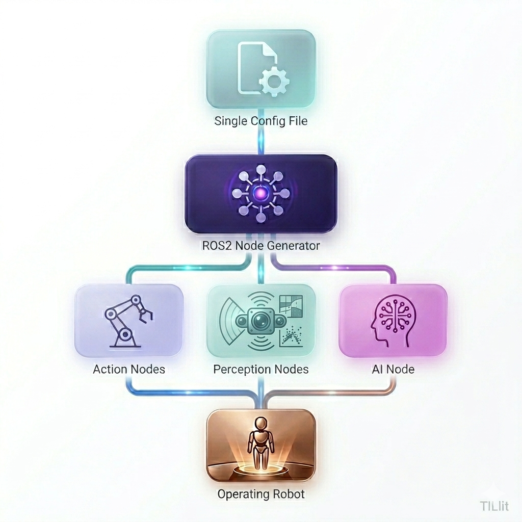 Project Joshua workflow: single config file to ROS2 node generator, action, perception, and AI nodes, operating a robot